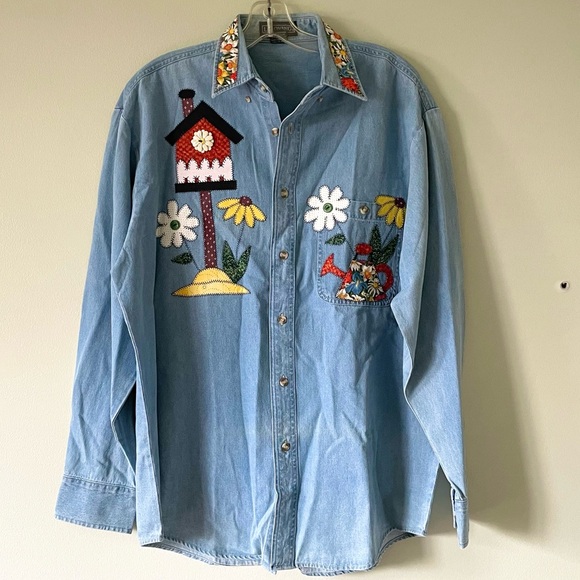 vintage 100% cotton gardening patchwork button up shirt - Picture 1 of 5